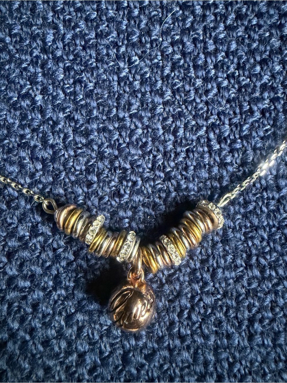 Guess Three-Tone Gold/Silver/Rose Gold with Rhinestones Bead Necklace Charm